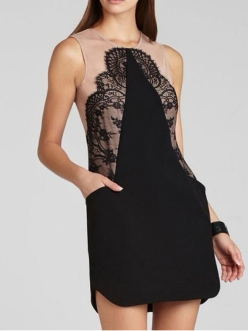 NWT BCBG Avery Sleeveless Black & Nude Lace Panel Shift Dress - Size 8